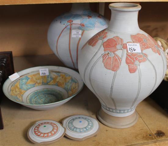 Pair modern Art Nouveau style vases and covers and a bowl